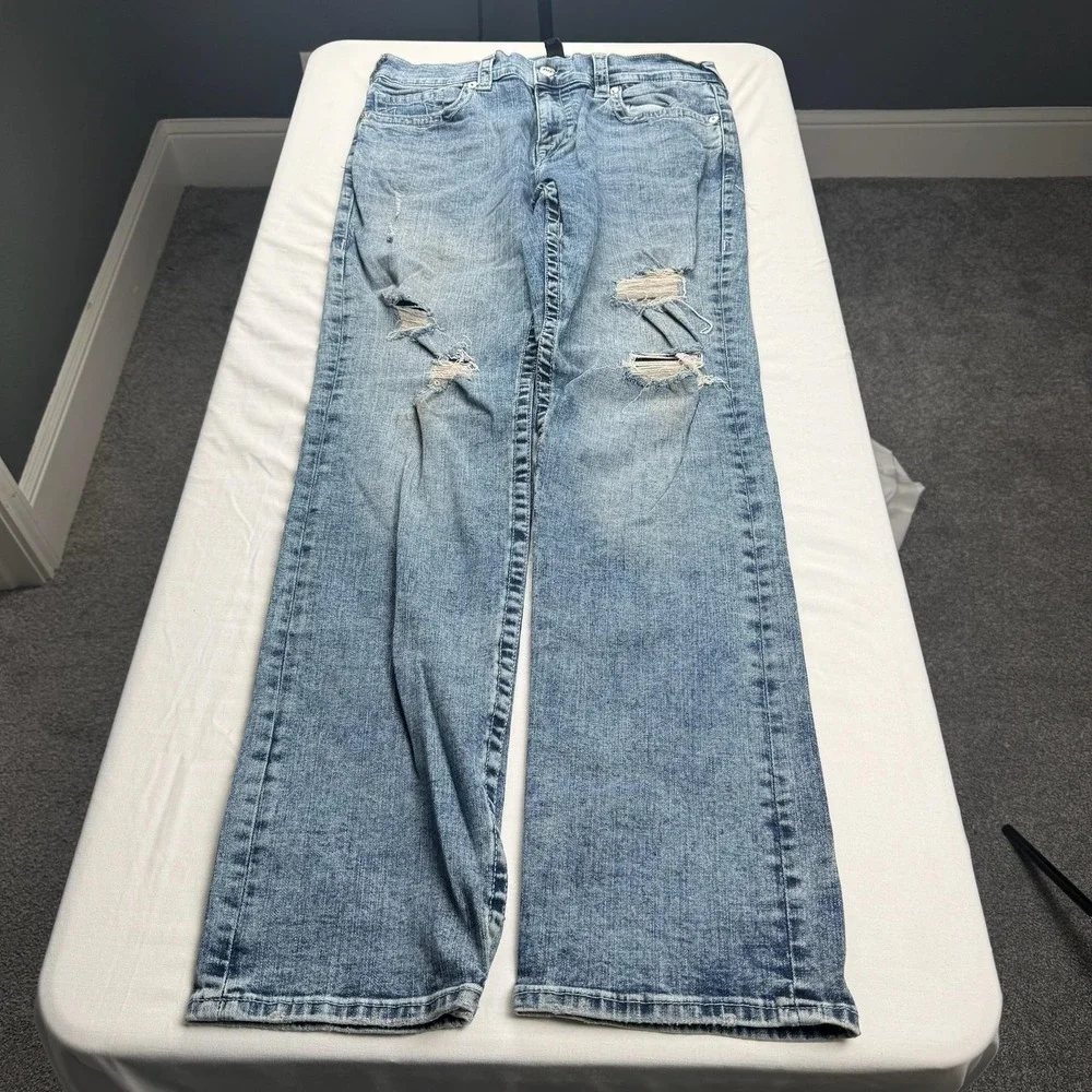 True Religion Ricky Jeans Mens 33x32 Blue Light Wash Relaxed Straight Distressed
